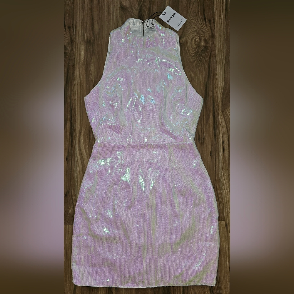 NWT Showpo High Neck White Iridescent Sequin Sleeveless Mini Dress Size 2